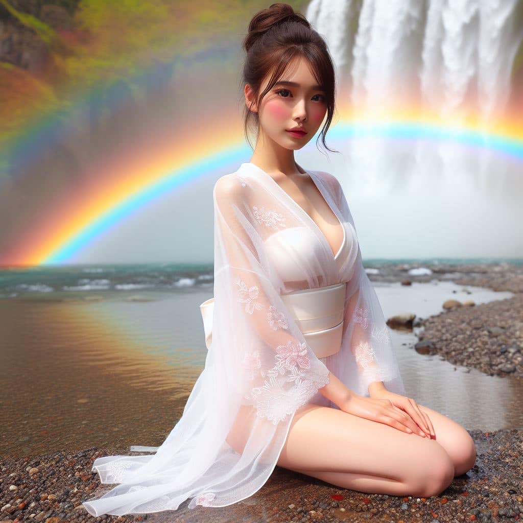 Beautiful girl under rainbow waterfall
 – Larose.VIP